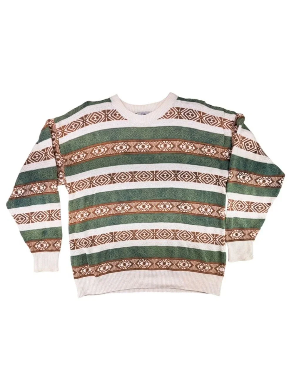 Vintage Van Heusen 417 Sweater Men Medium Striped Green Brown Grandpa Geometric
